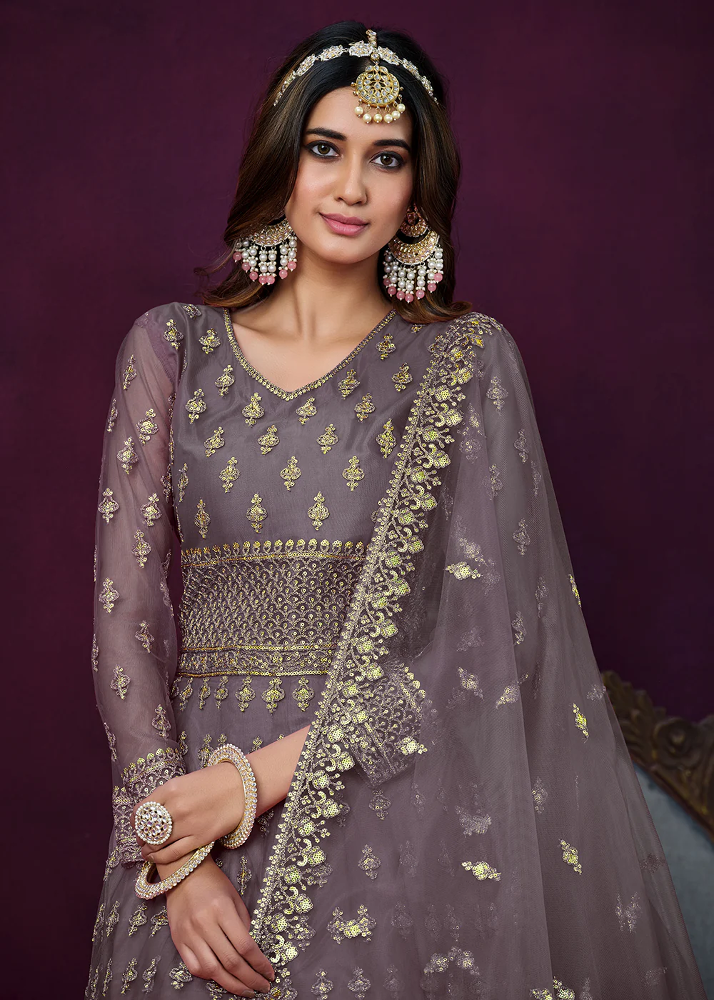 Floor Length Purple Sequins Embroidered Wedding Anarkali Suit - Image 2