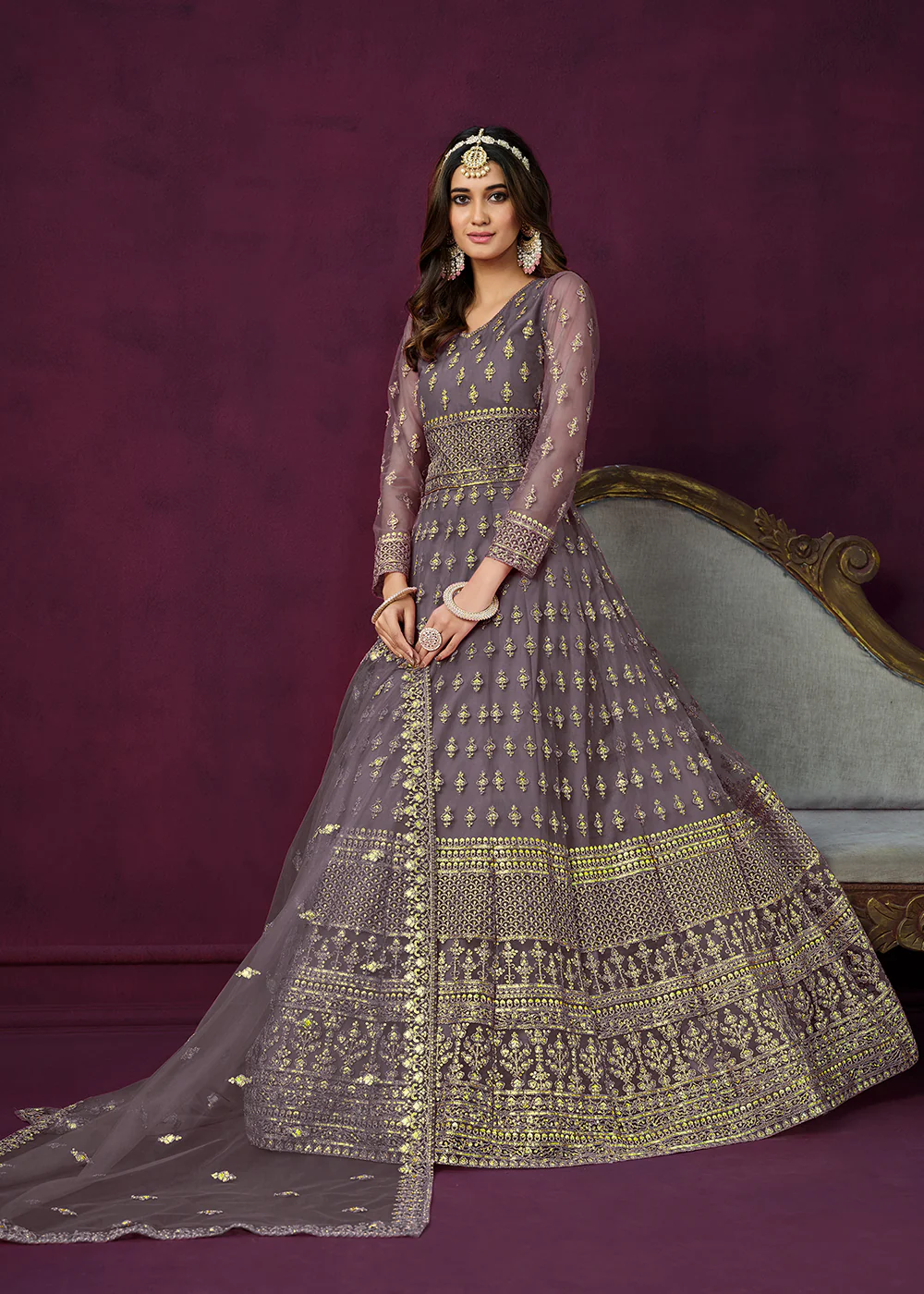 Floor Length Purple Sequins Embroidered Wedding Anarkali Suit - Image 4