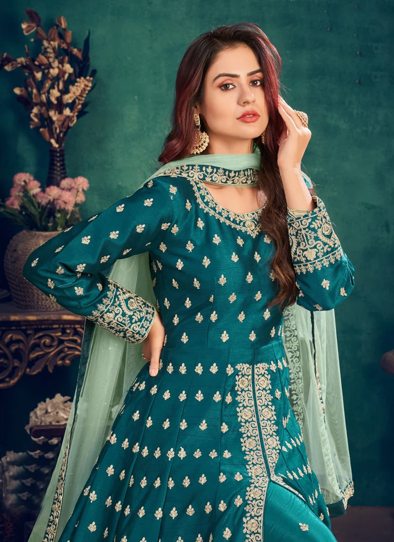 Floor Length Teal Blue Art Silk Embroidered Anarkali Suit - Image 2
