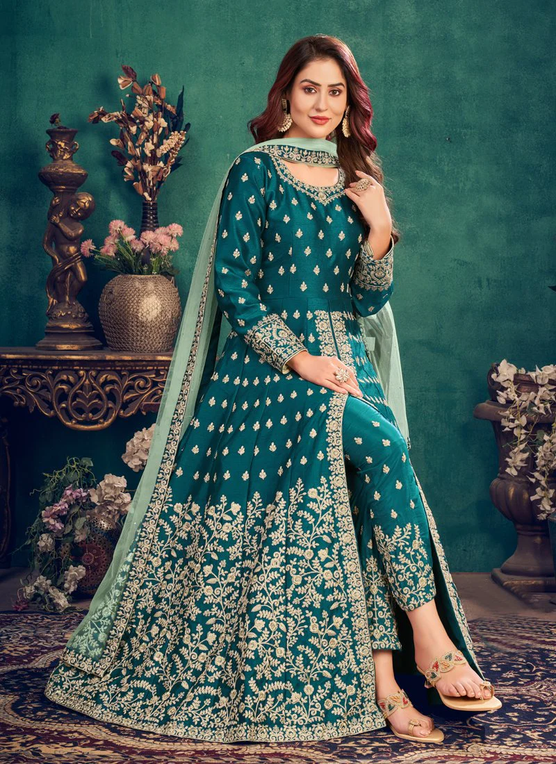 Floor Length Teal Blue Art Silk Embroidered Anarkali Suit - Image 3