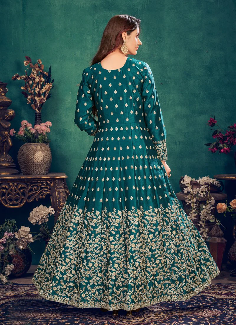 Floor Length Teal Blue Art Silk Embroidered Anarkali Suit - Image 4