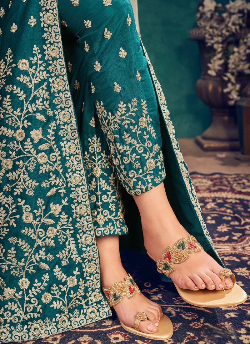 Floor Length Teal Blue Art Silk Embroidered Anarkali Suit - Image 5