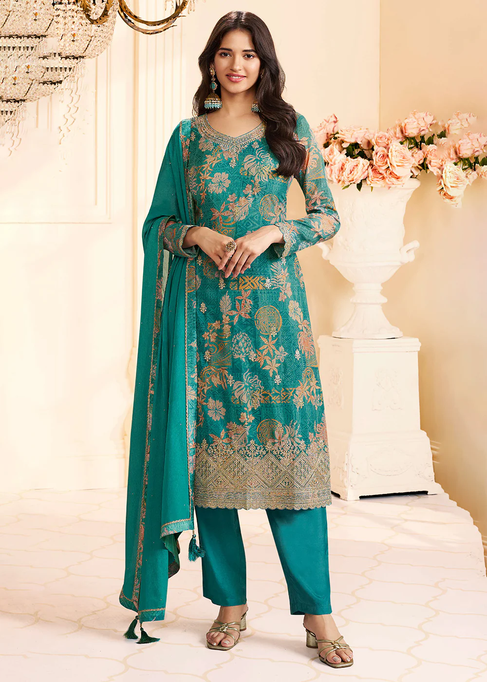Floral Digital Printed Green Chinnon Silk Salwar Suit