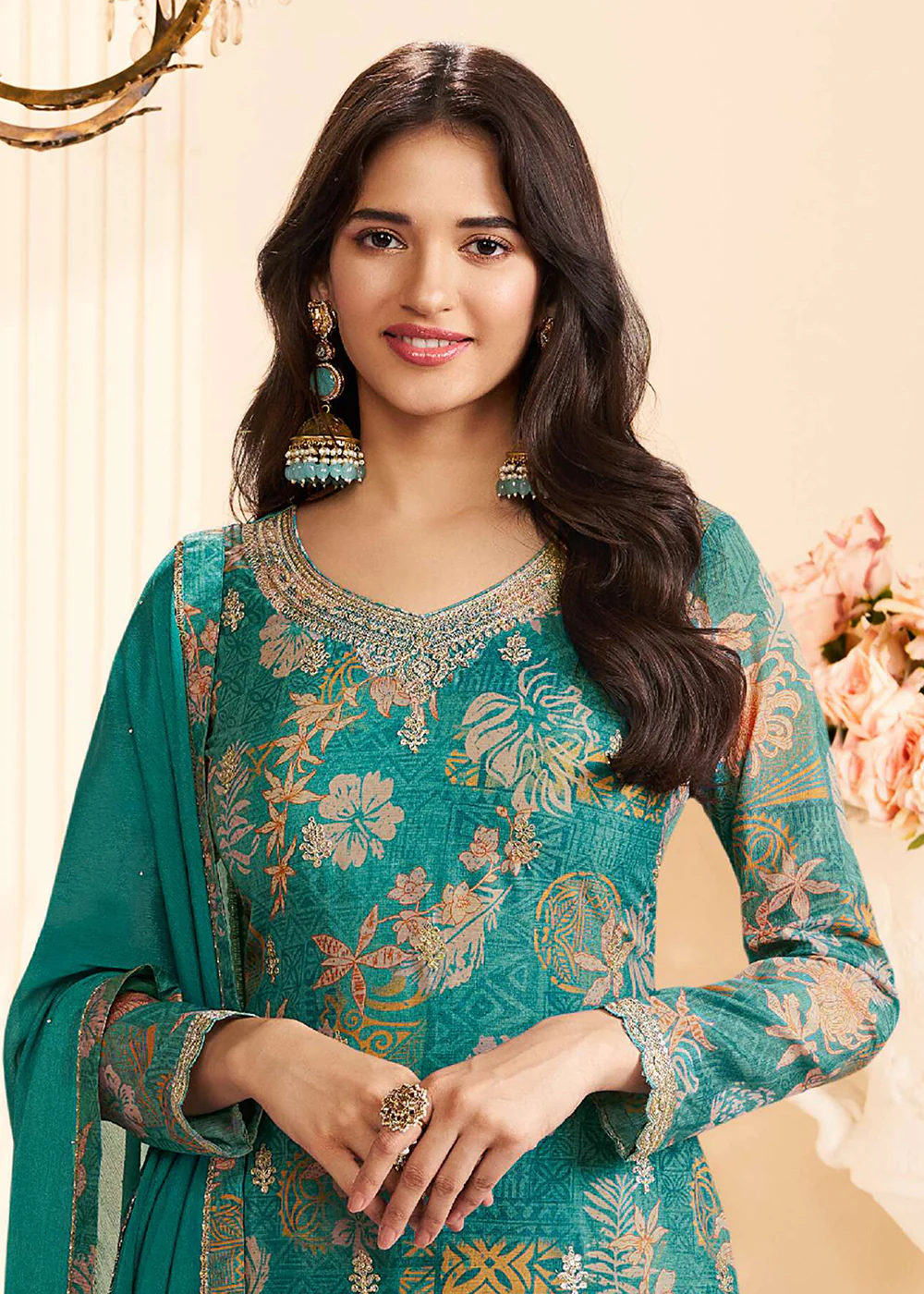 Floral Digital Printed Green Chinnon Silk Salwar Suit - Image 2