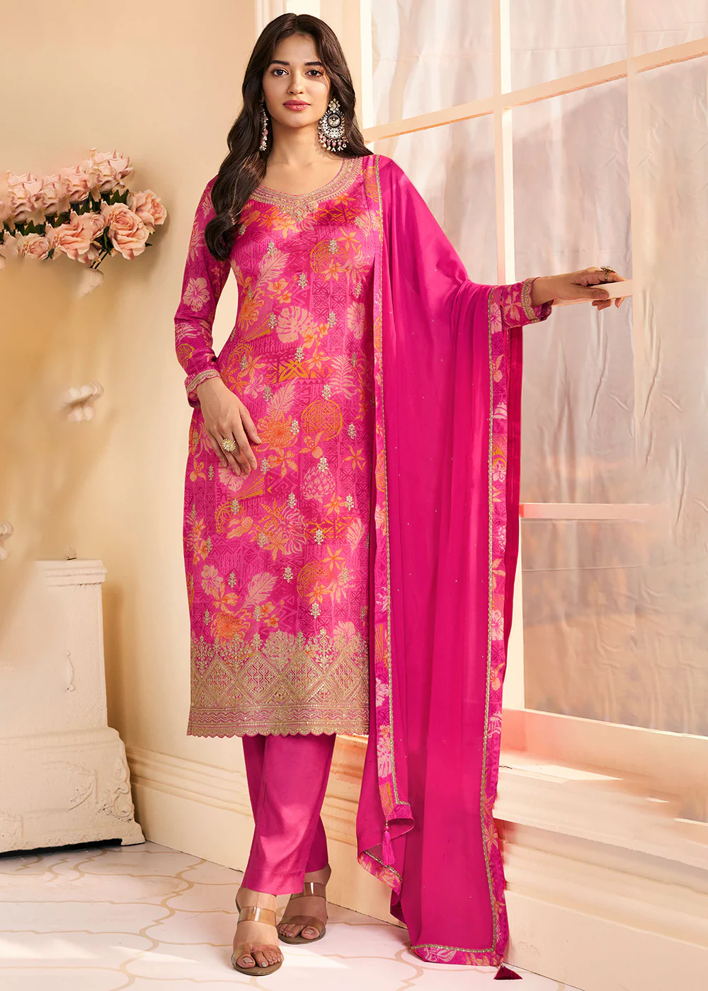 Floral Digital Printed Pink Chinnon Silk Salwar Suit