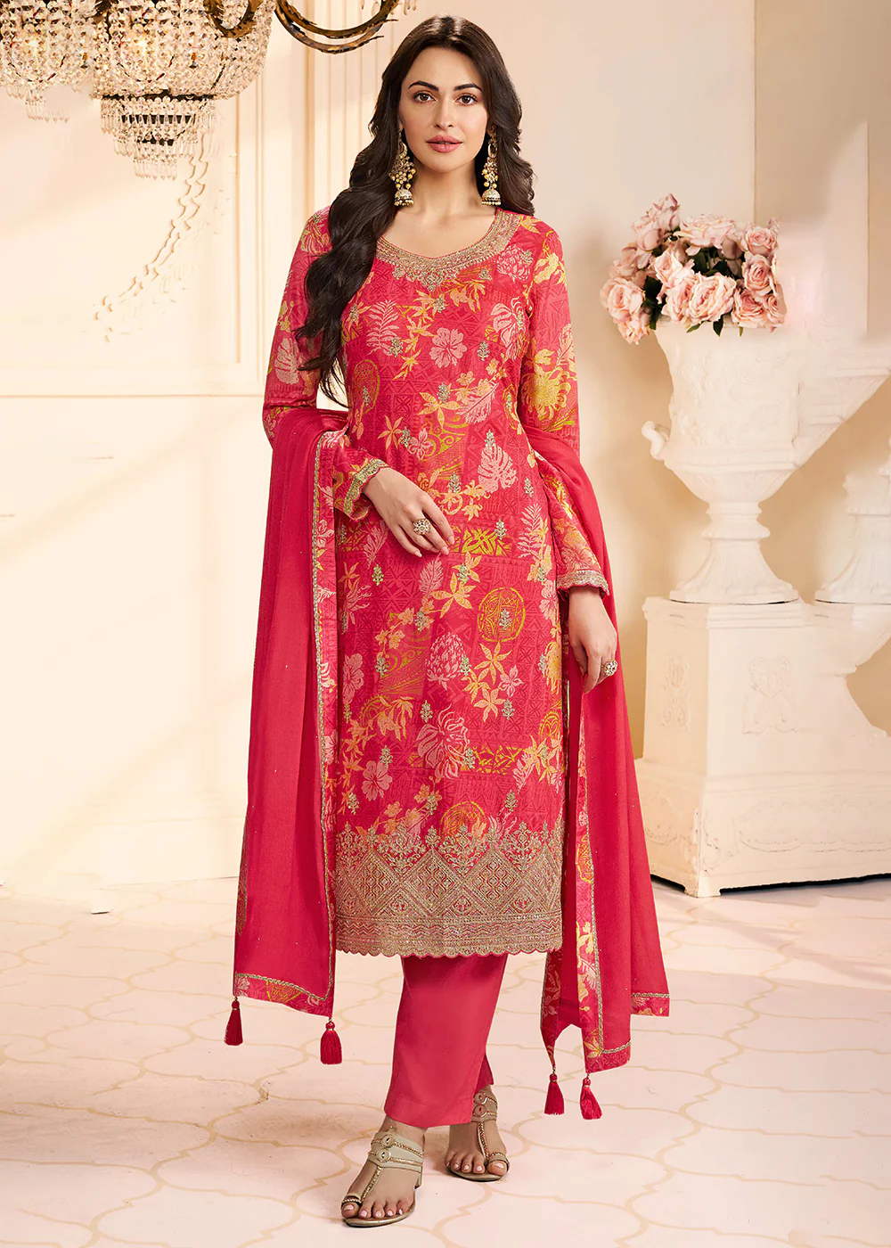Floral Digital Printed Red Chinnon Silk Salwar Suit