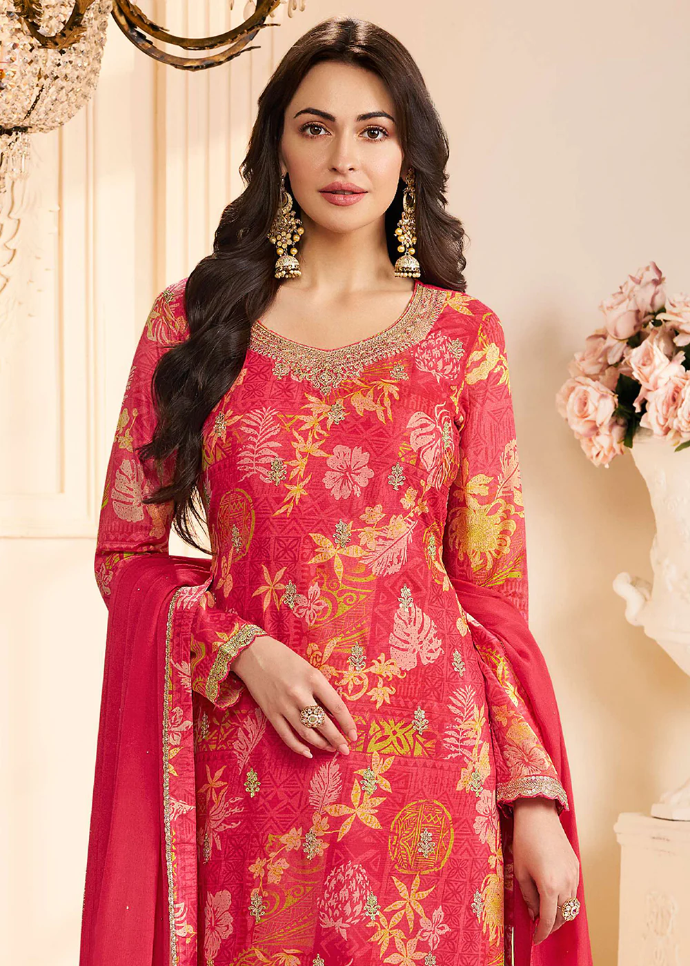 Floral Digital Printed Red Chinnon Silk Salwar Suit - Image 2