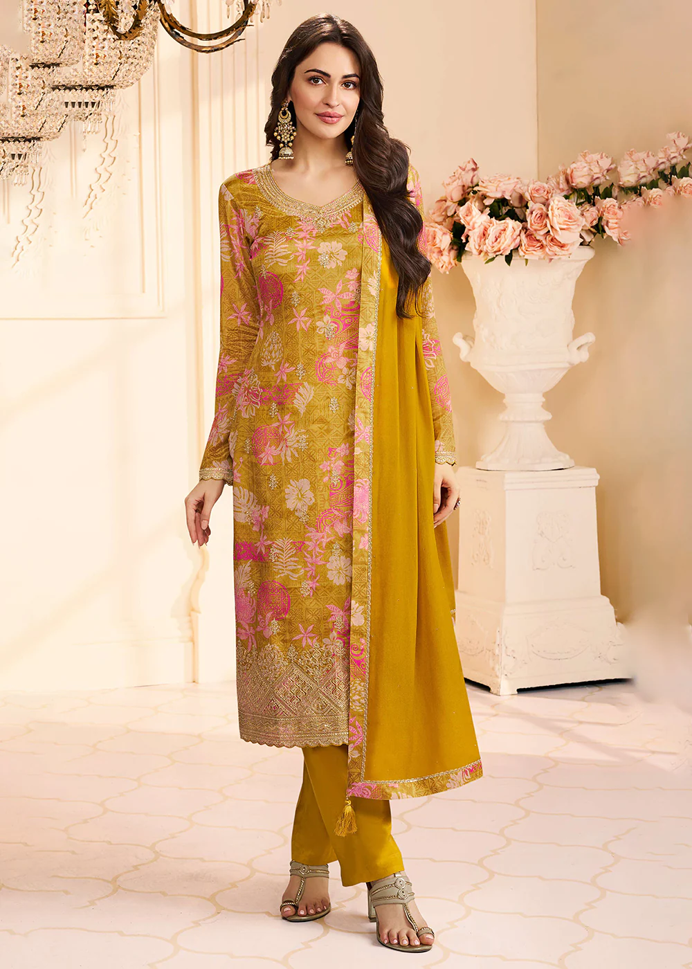 Floral Digital Printed Yellow Chinnon Silk Salwar Suit