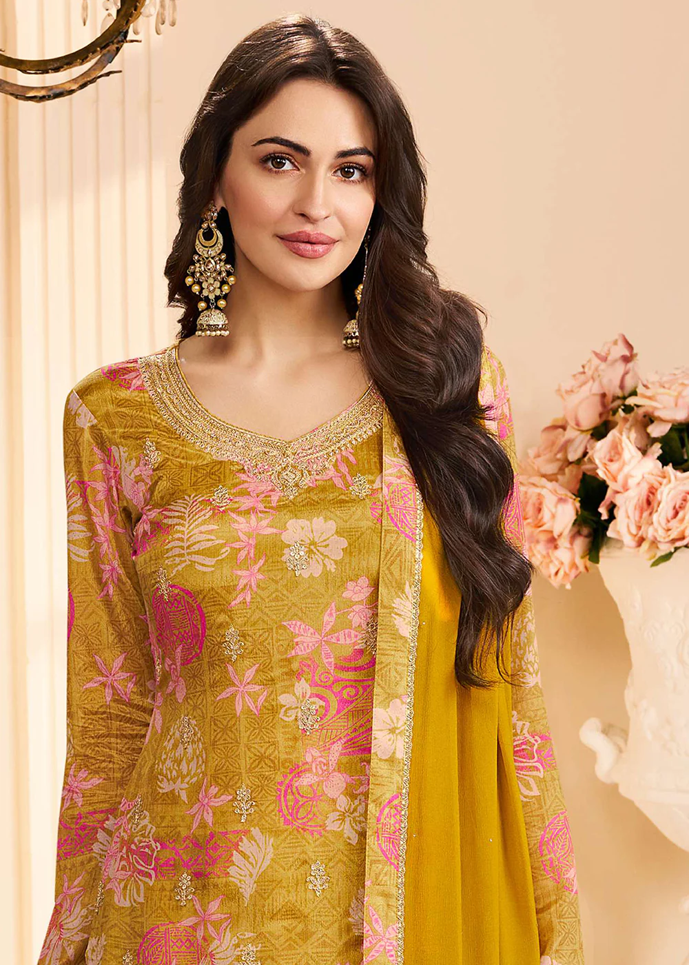 Floral Digital Printed Yellow Chinnon Silk Salwar Suit - Image 2