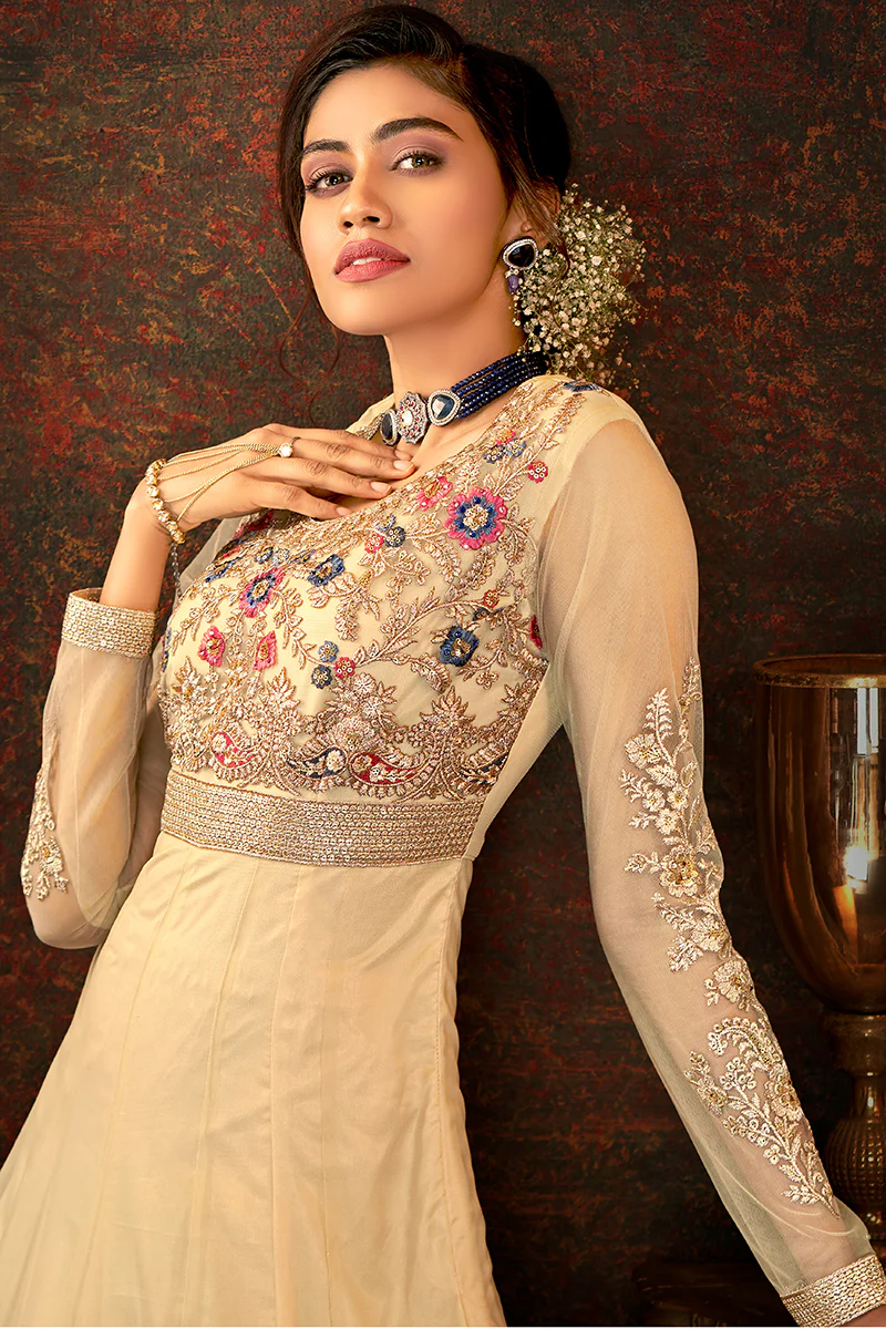 Floral Embroidered Beige Designer Wedding Anarkali Suit - Image 3