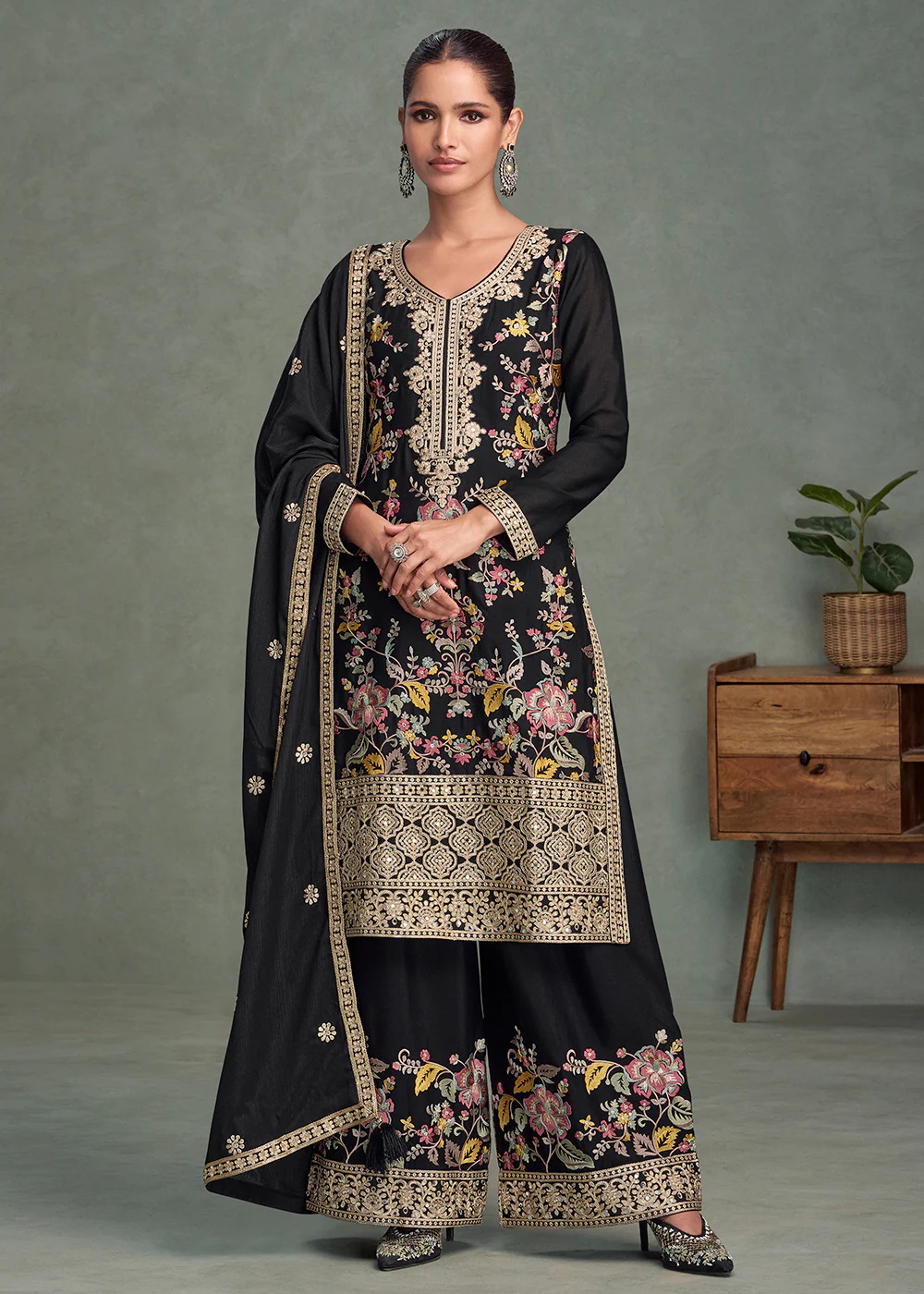 Floral Embroidered Black Chinnon Festive Palazzo Suit
