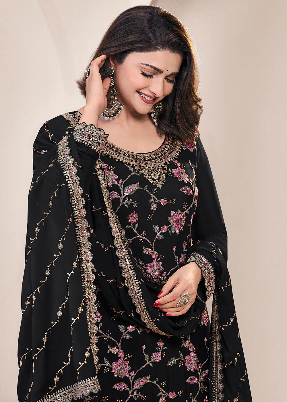 Floral Embroidered Black Wedding Festive Sharara Suit - Image 2