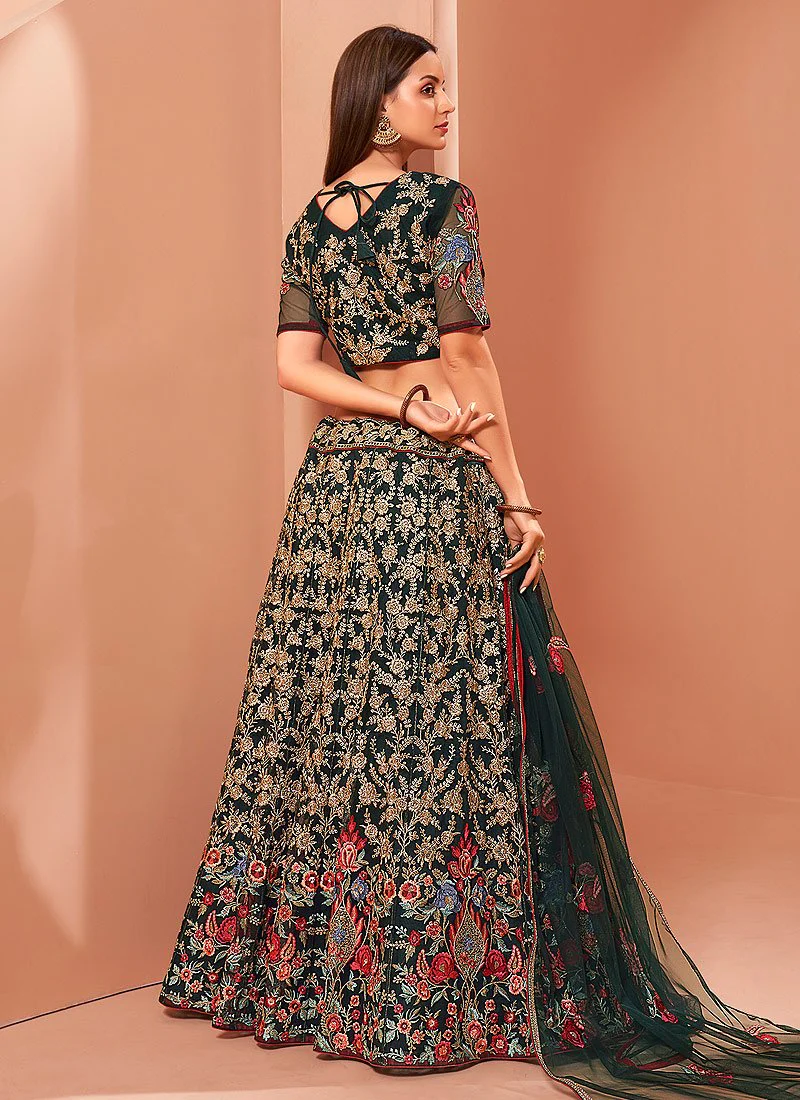 Floral Embroidered Bottle Green Bridal Lehenga Choli - Image 3