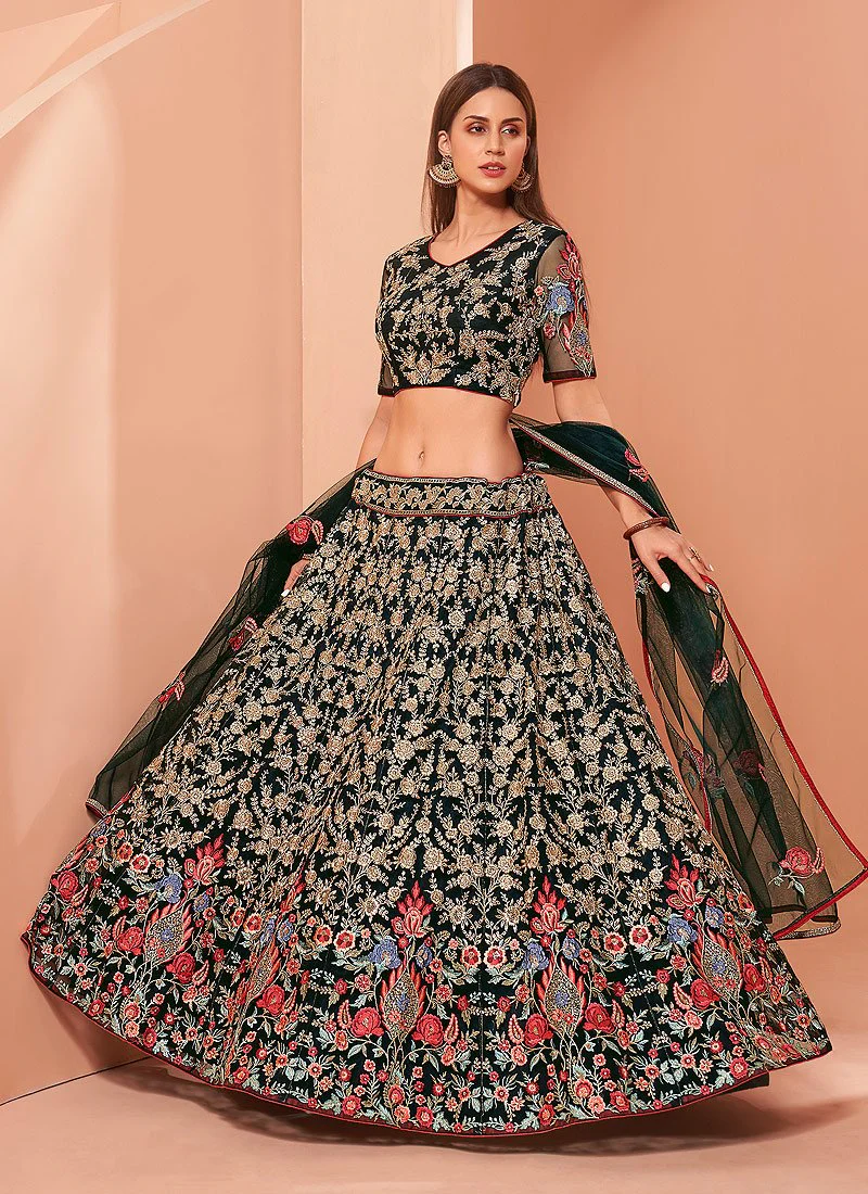Floral Embroidered Bottle Green Bridal Lehenga Choli - Image 4