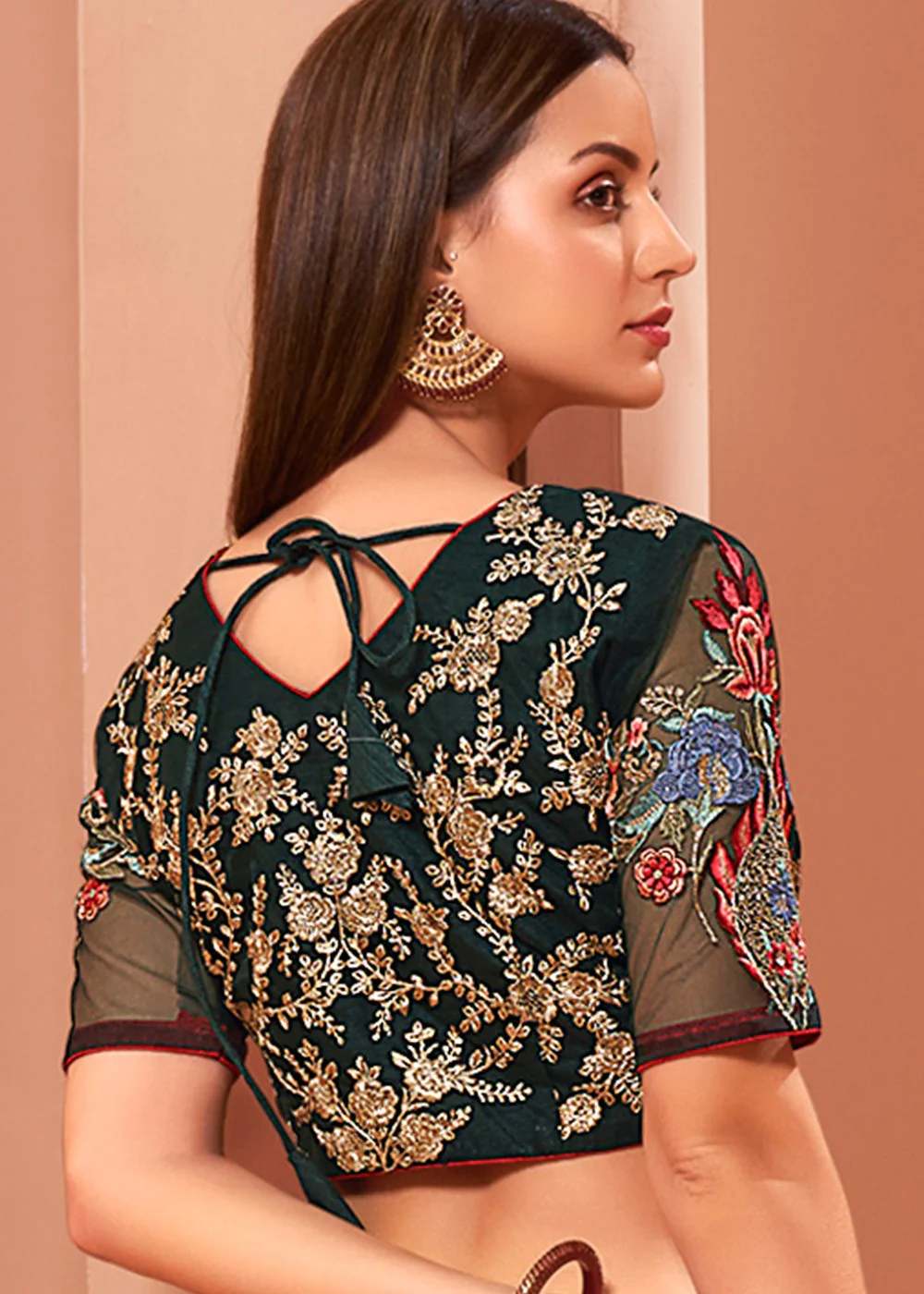 Floral Embroidered Bottle Green Bridal Lehenga Choli - Image 5
