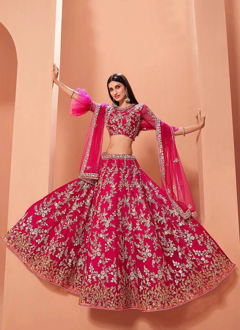 Floral Embroidered Cerise Pink Bridal Lehenga Choli - Image 4