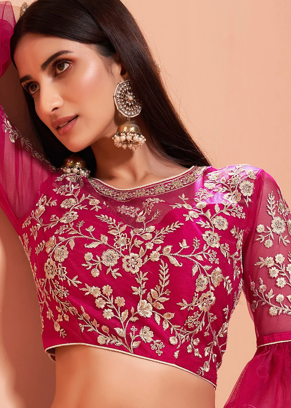 Floral Embroidered Cerise Pink Bridal Lehenga Choli - Image 5