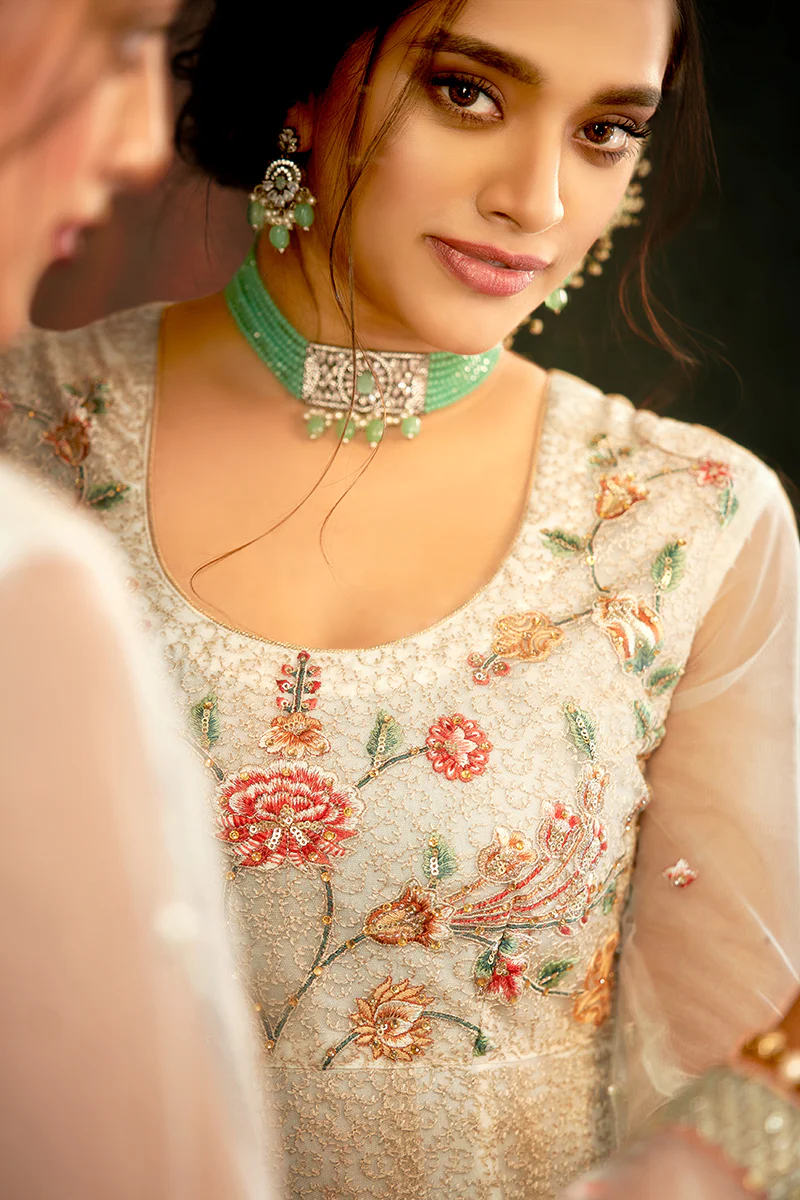 Floral Embroidered Cream Designer Wedding Anarkali Suit - Image 2