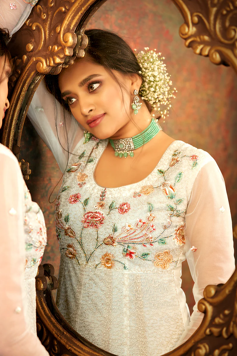 Floral Embroidered Cream Designer Wedding Anarkali Suit - Image 3