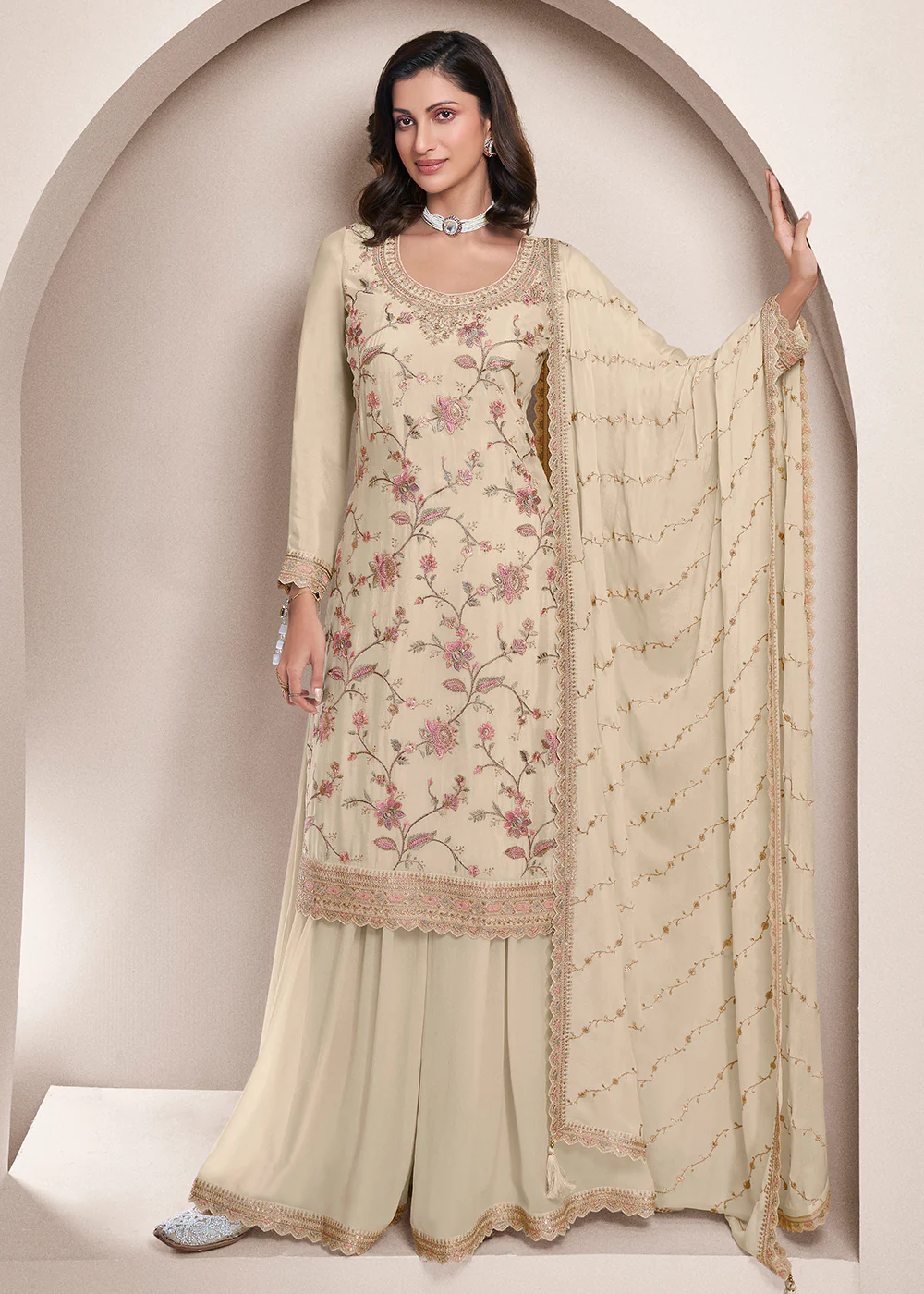 Floral Embroidered Cream Wedding Festive Sharara Suit