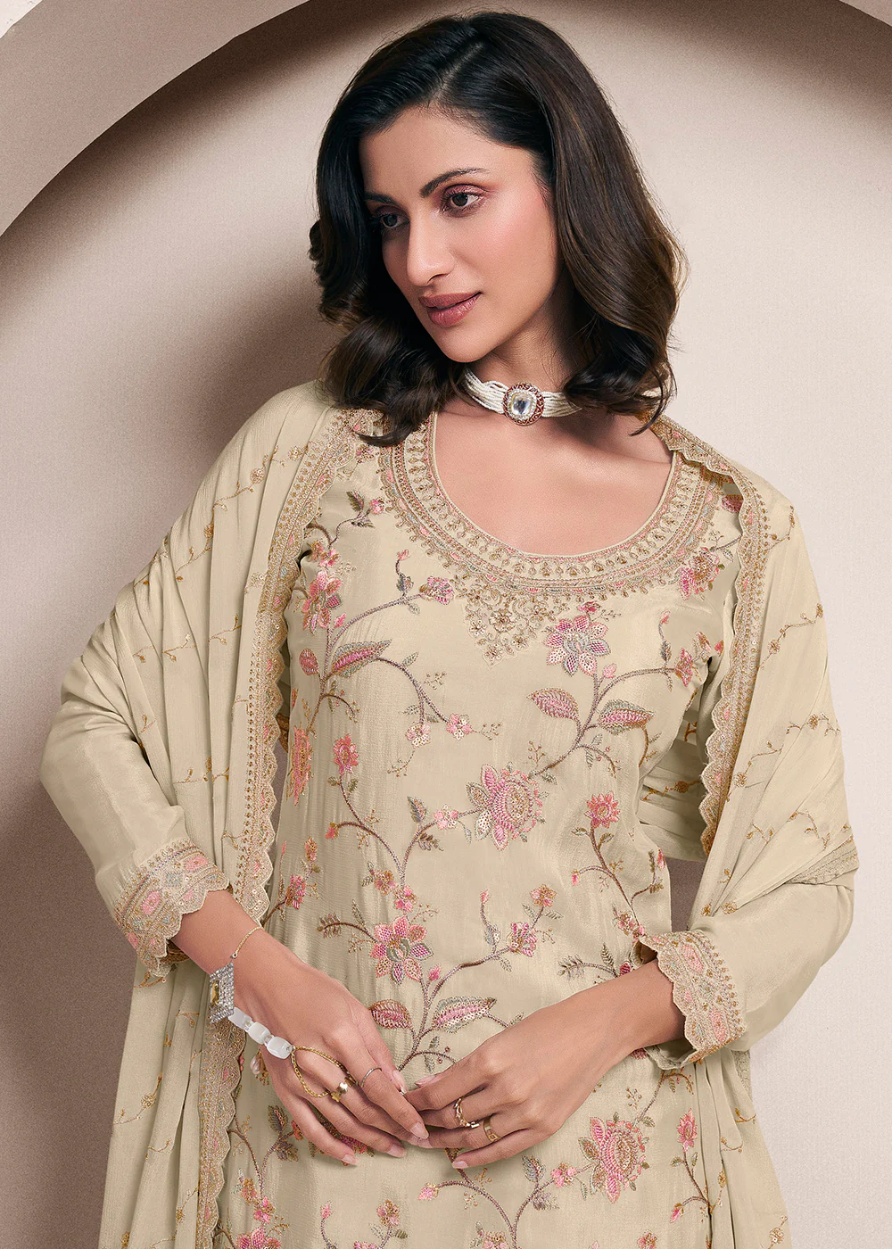 Floral Embroidered Cream Wedding Festive Sharara Suit - Image 2