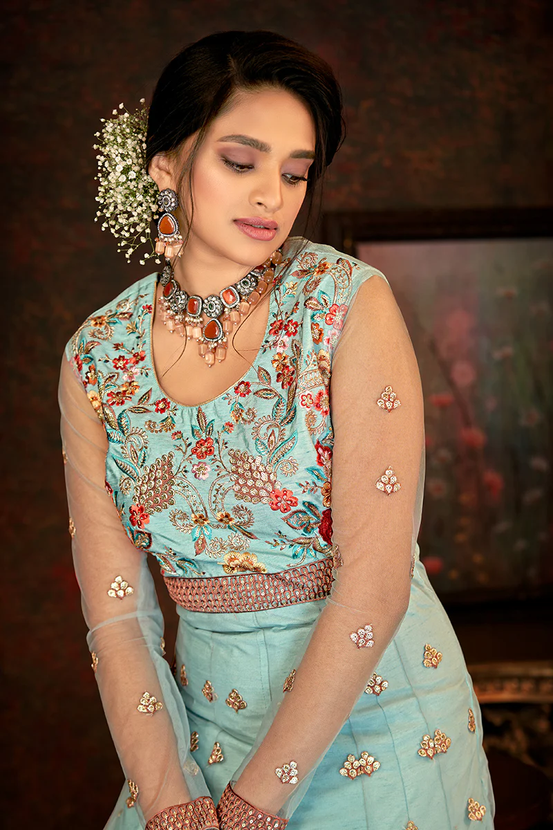 Floral Embroidered Dusty Blue Designer Wedding Anarkali Suit - Image 2