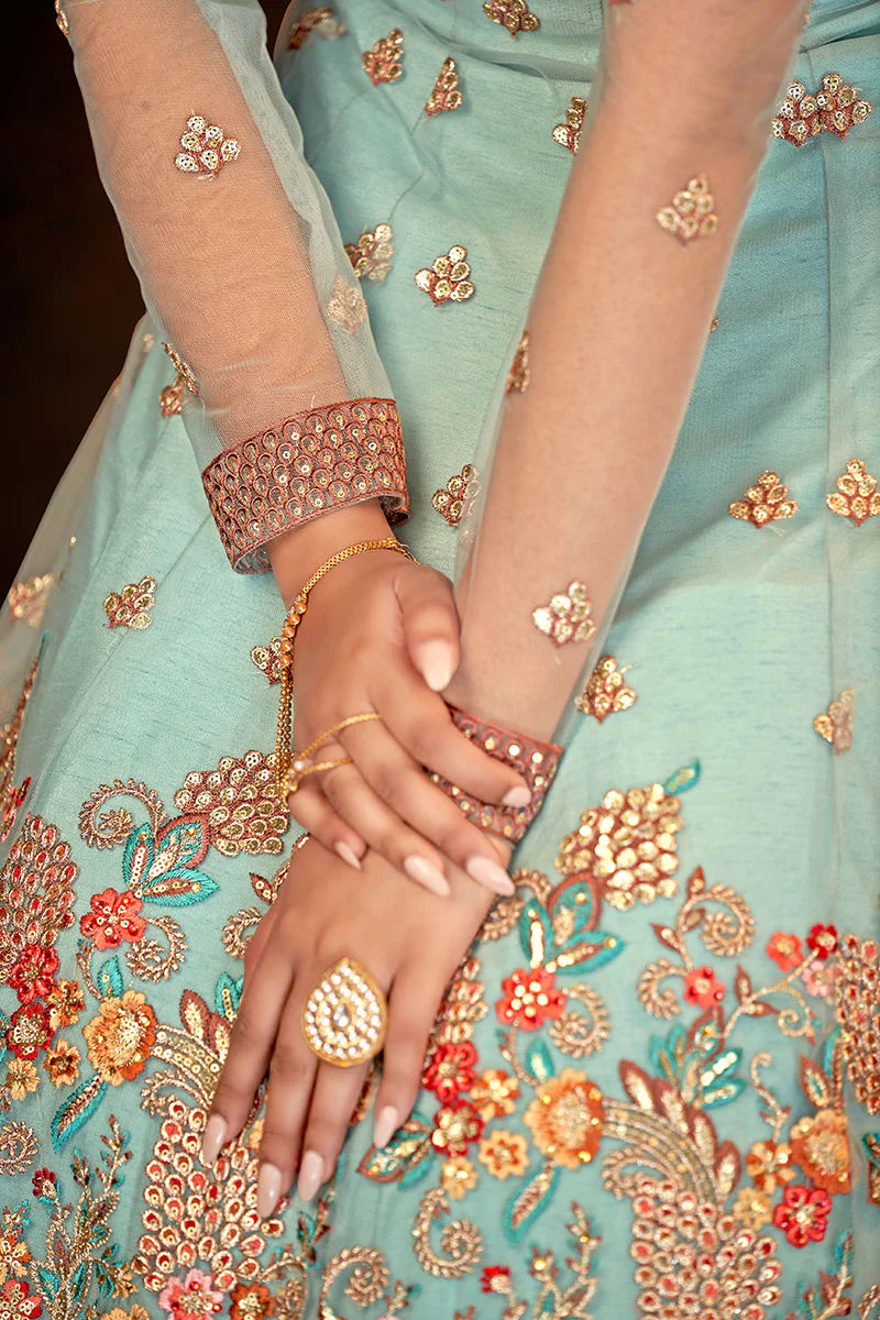 Floral Embroidered Dusty Blue Designer Wedding Anarkali Suit - Image 3