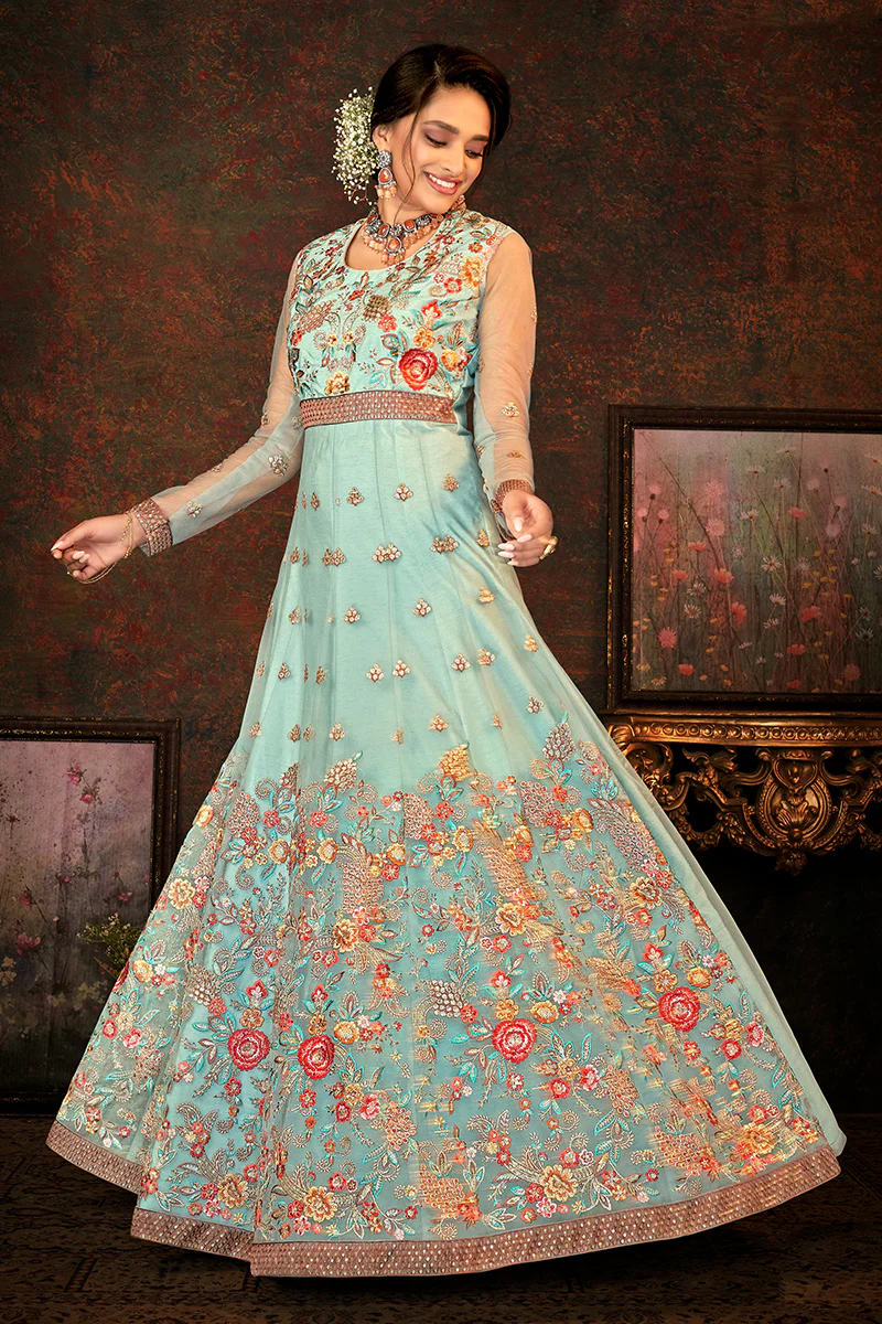 Floral Embroidered Dusty Blue Designer Wedding Anarkali Suit - Image 4