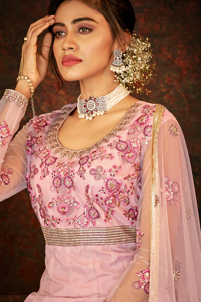 Floral Embroidered Dusty Pink Designer Wedding Anarkali Suit - Image 2