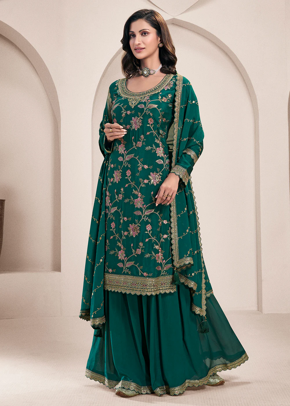 Floral Embroidered Green Wedding Festive Sharara Suit