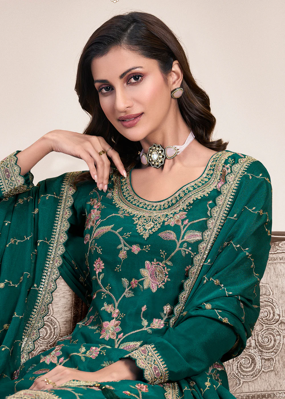 Floral Embroidered Green Wedding Festive Sharara Suit - Image 2