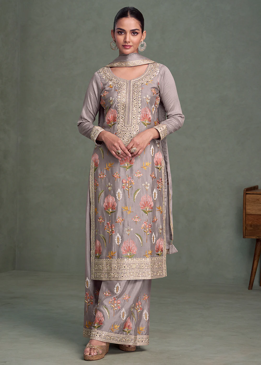 Floral Embroidered Grey Chinnon Festive Palazzo Suit