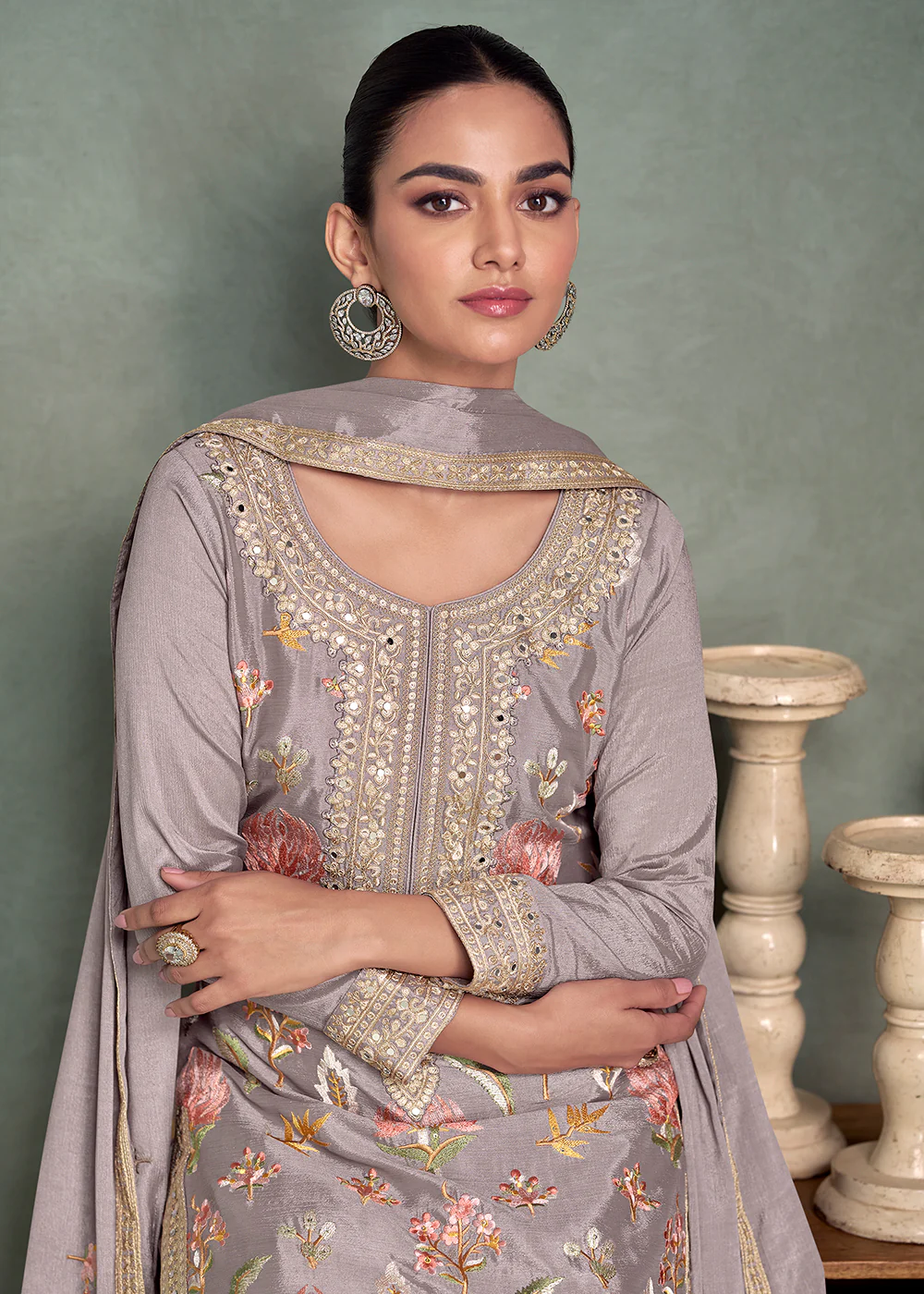 Floral Embroidered Grey Chinnon Festive Palazzo Suit - Image 2