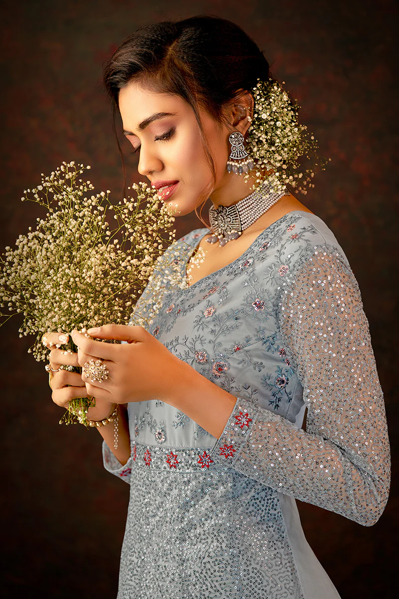 Floral Embroidered Grey Designer Wedding Anarkali Suit - Image 2