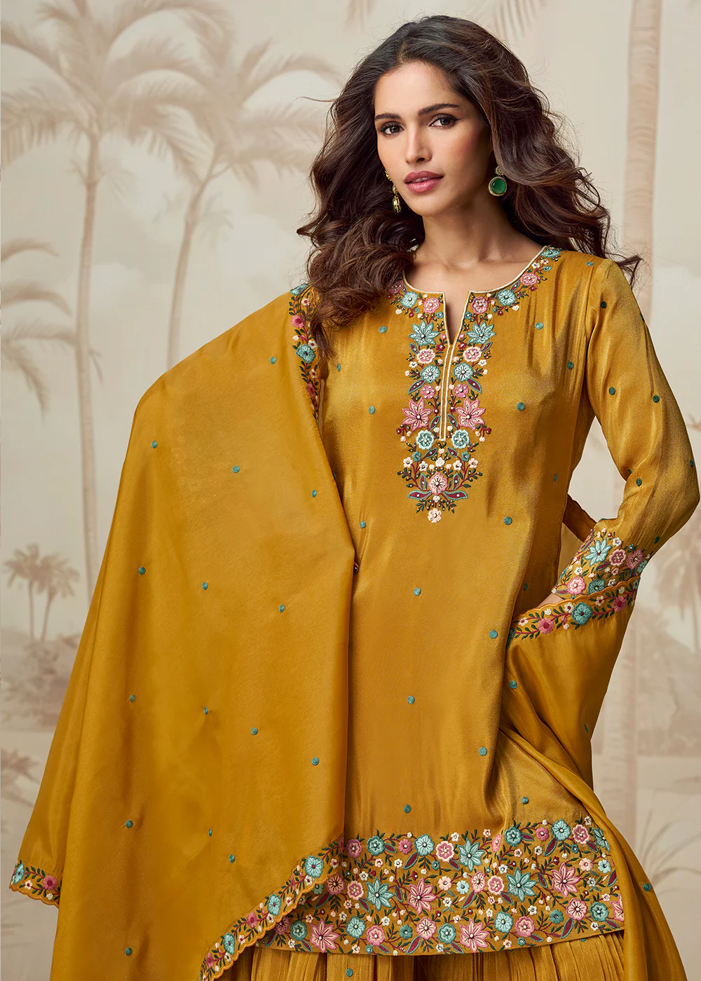Floral Embroidered Mustard Shimmer Organza Sharara Suit - Image 4