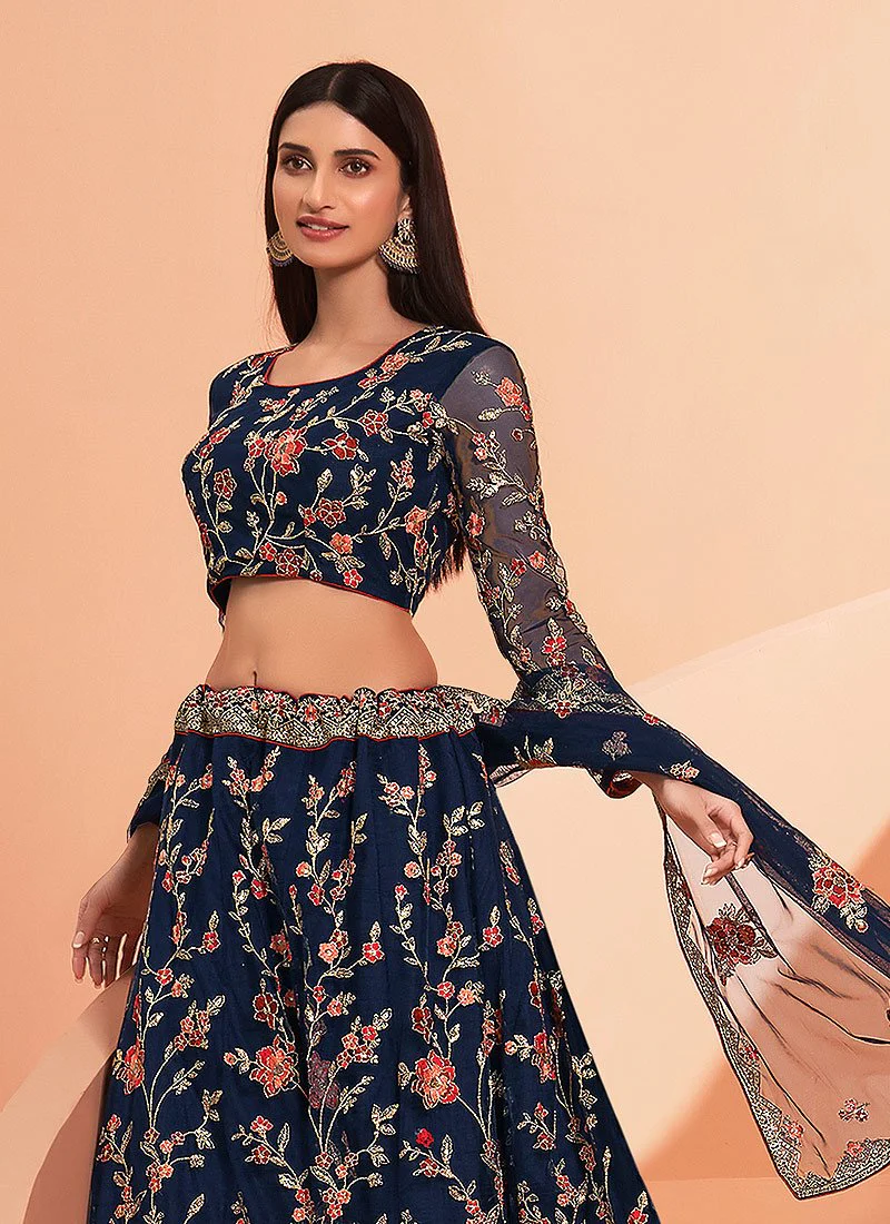 Floral Embroidered Navy Blue Bridal Lehenga Choli - Image 2
