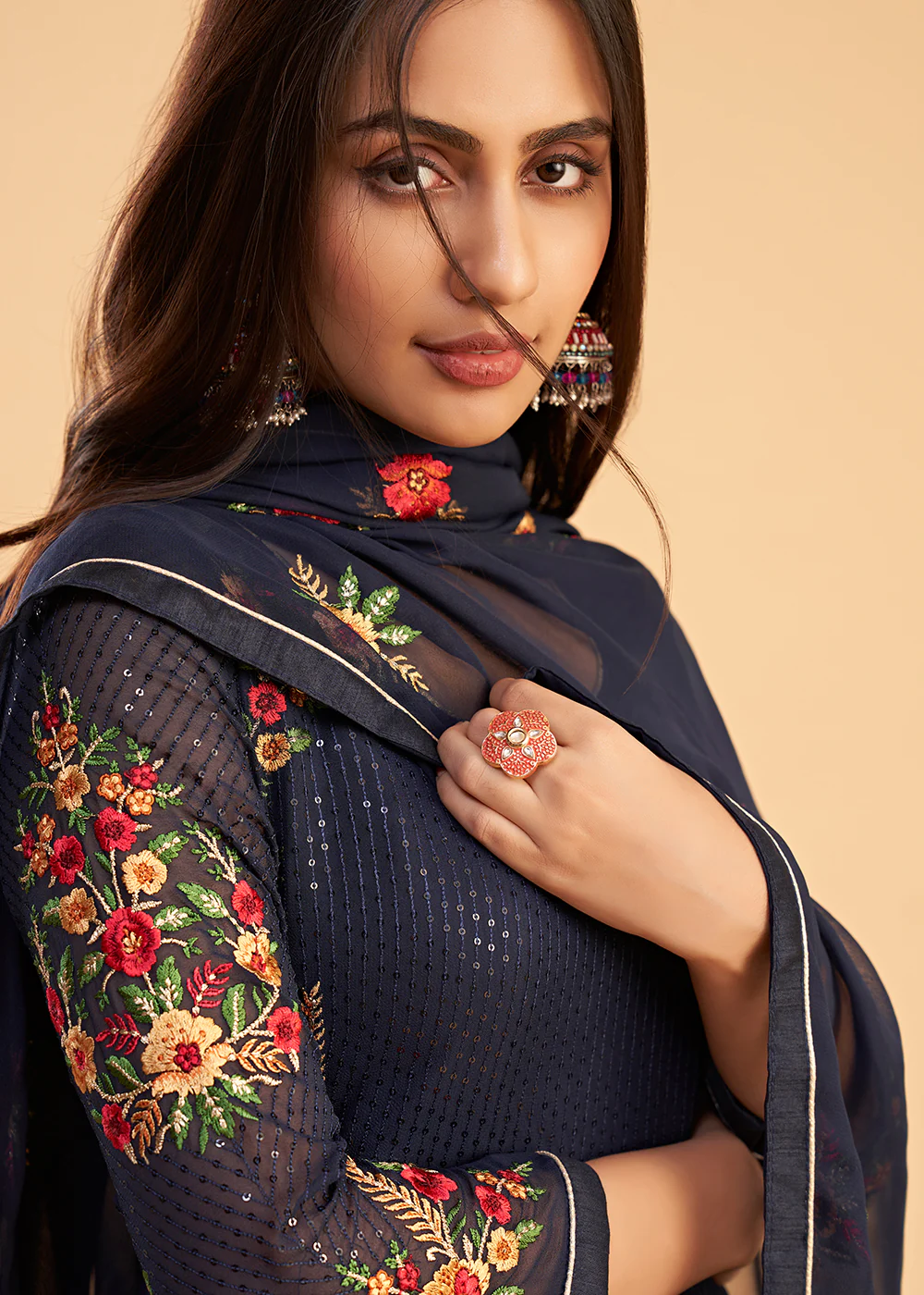 Floral Embroidered Navy Blue Indian Wedding Wear Salwar Suit - Image 2