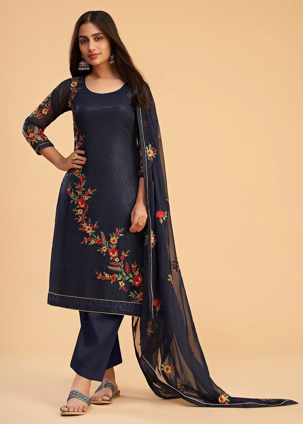 Floral Embroidered Navy Blue Indian Wedding Wear Salwar Suit - Image 3