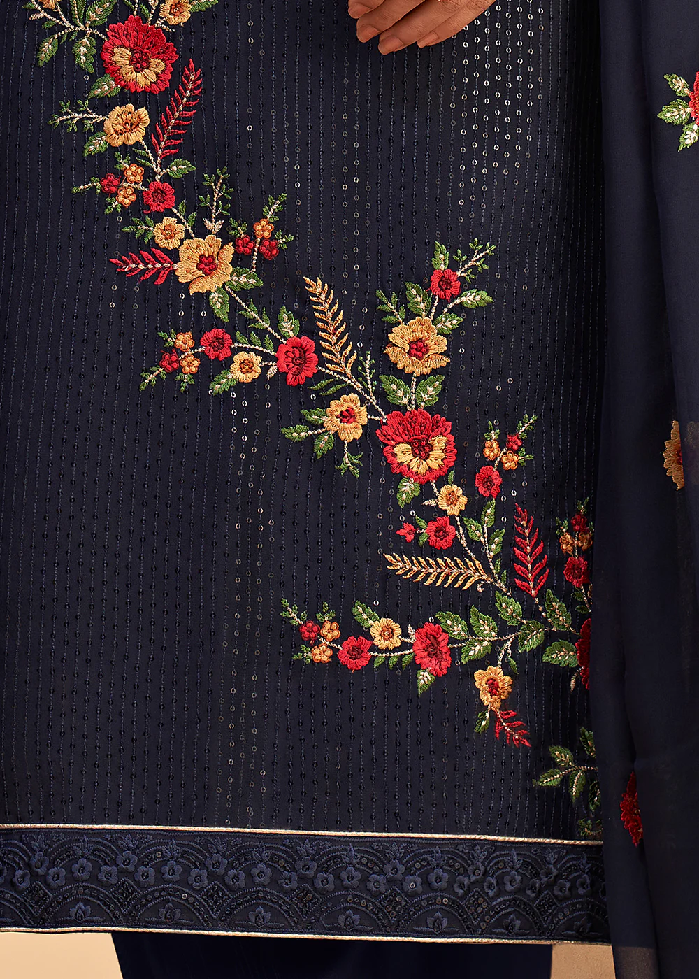 Floral Embroidered Navy Blue Indian Wedding Wear Salwar Suit - Image 4