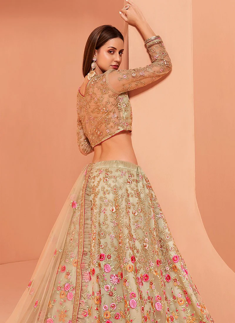 Floral Embroidered Pastel Beige Bridal Lehenga Choli - Image 3