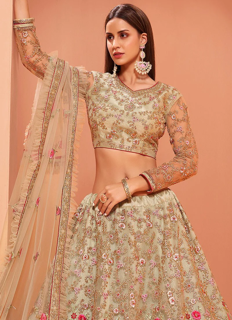 Floral Embroidered Pastel Beige Bridal Lehenga Choli - Image 4