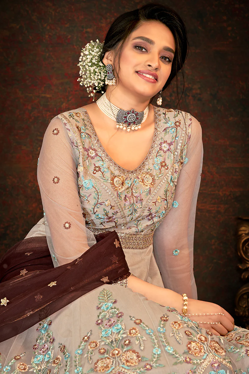 Floral Embroidered Pastel Brown Designer Wedding Anarkali Suit - Image 2
