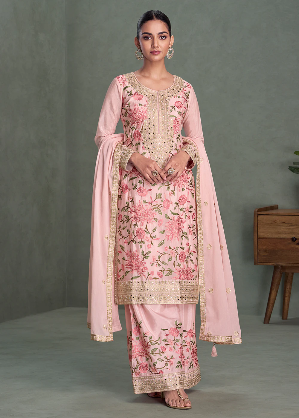 Floral Embroidered Pink Chinnon Festive Palazzo Suit