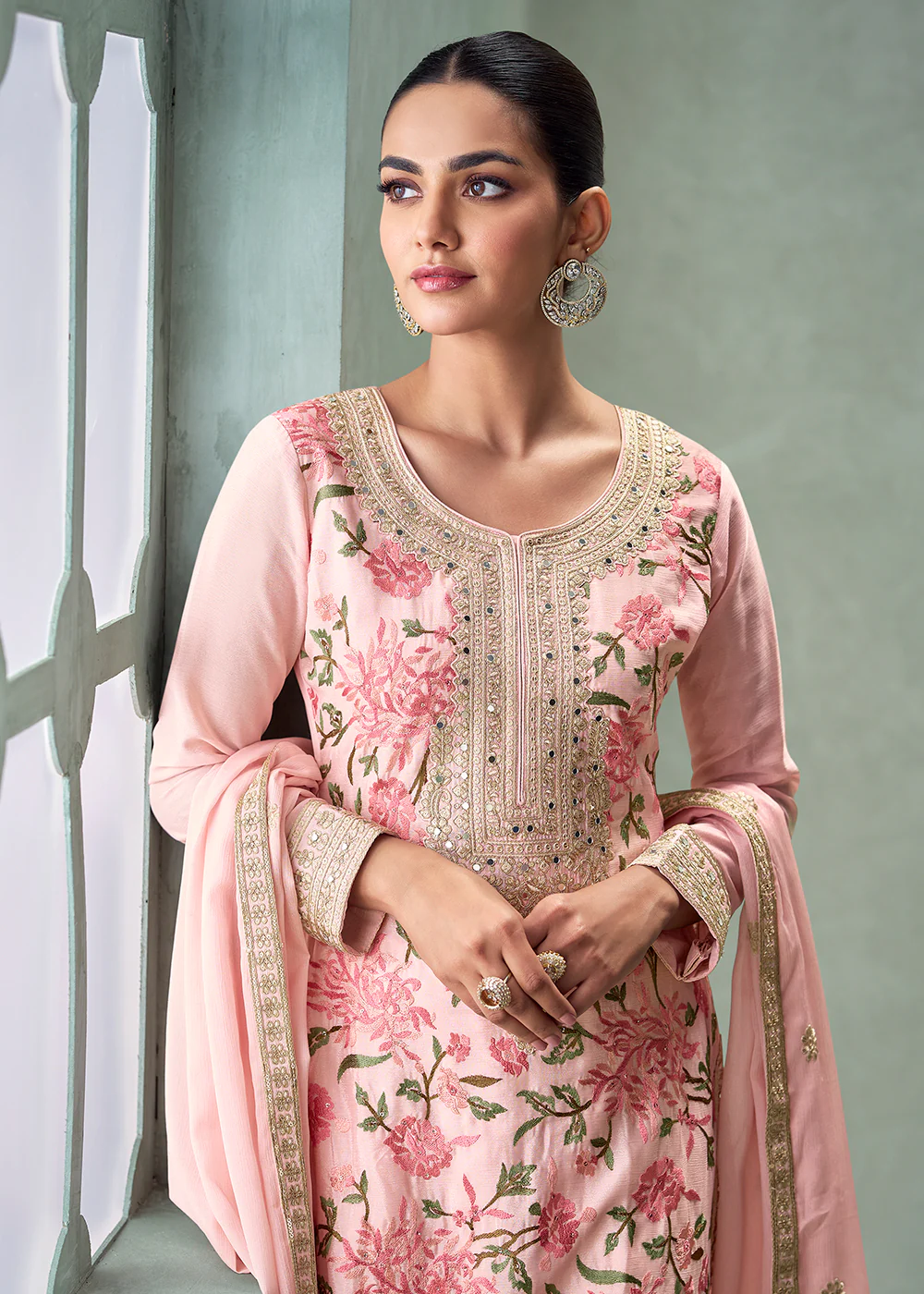 Floral Embroidered Pink Chinnon Festive Palazzo Suit - Image 2