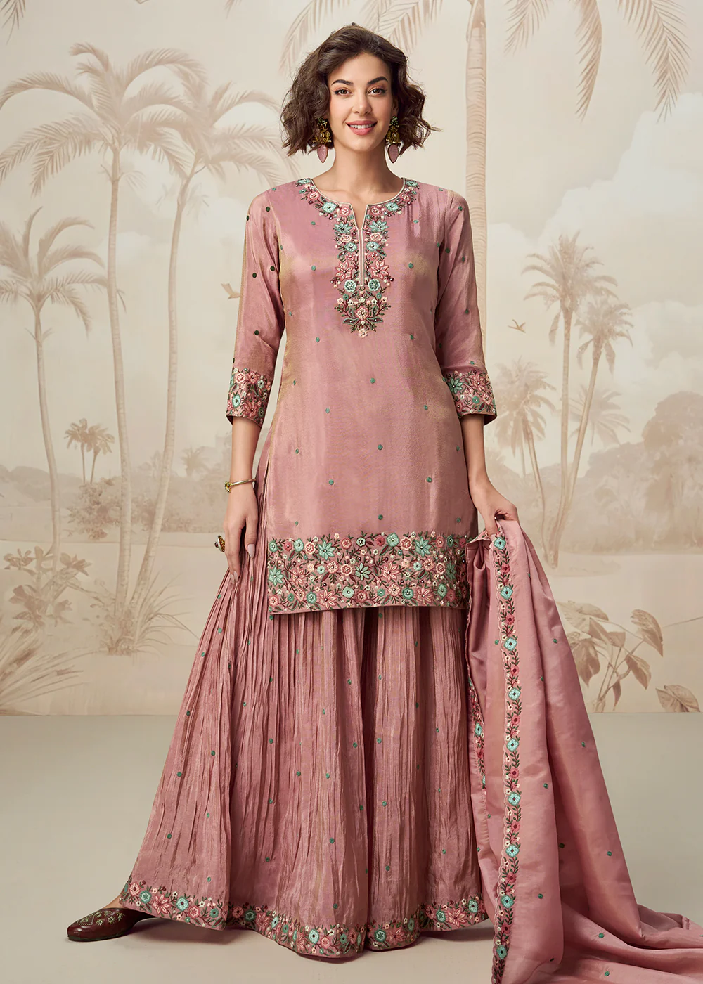 Floral Embroidered Pink Shimmer Organza Sharara Suit