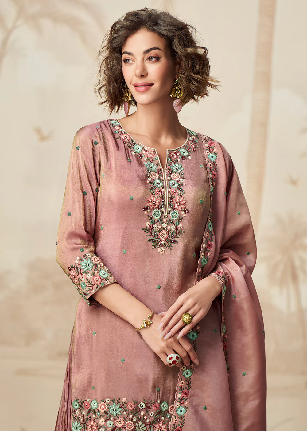 Floral Embroidered Pink Shimmer Organza Sharara Suit - Image 2