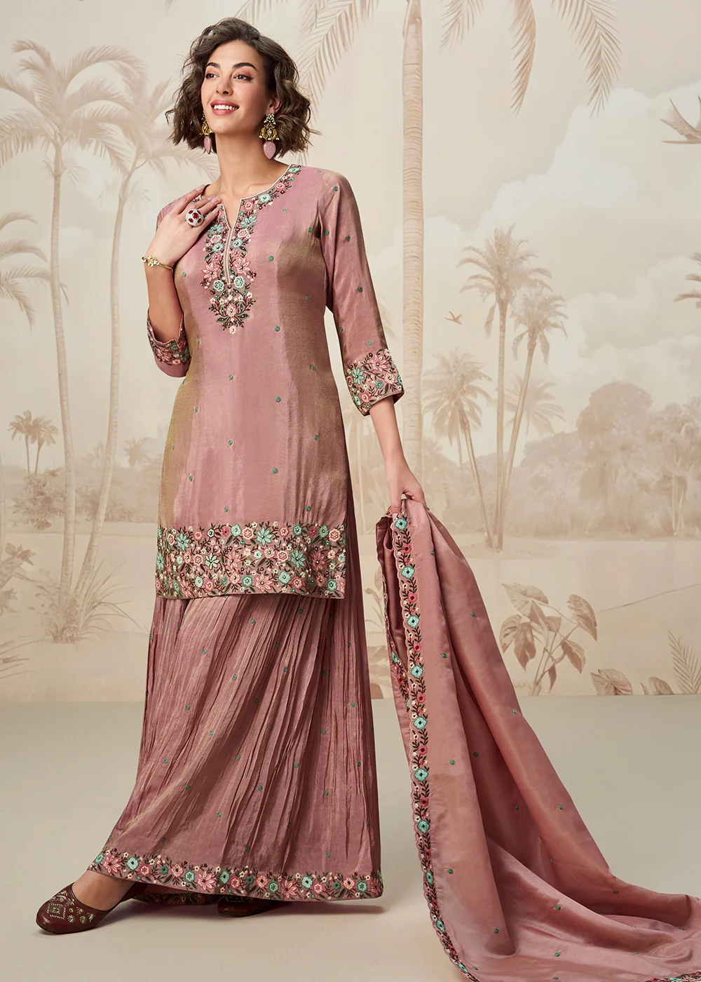 Floral Embroidered Pink Shimmer Organza Sharara Suit - Image 3