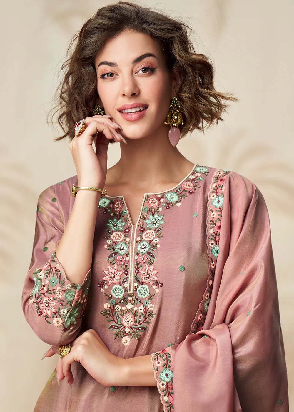 Floral Embroidered Pink Shimmer Organza Sharara Suit - Image 4