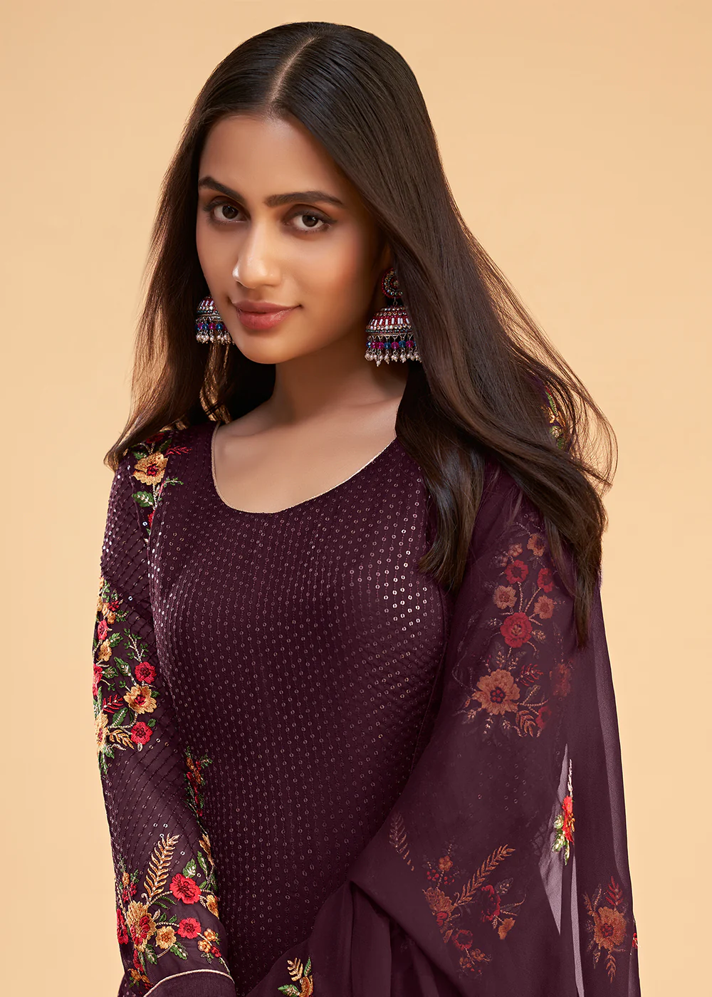 Floral Embroidered Wine Indian Wedding Wear Salwar Suit - Image 2
