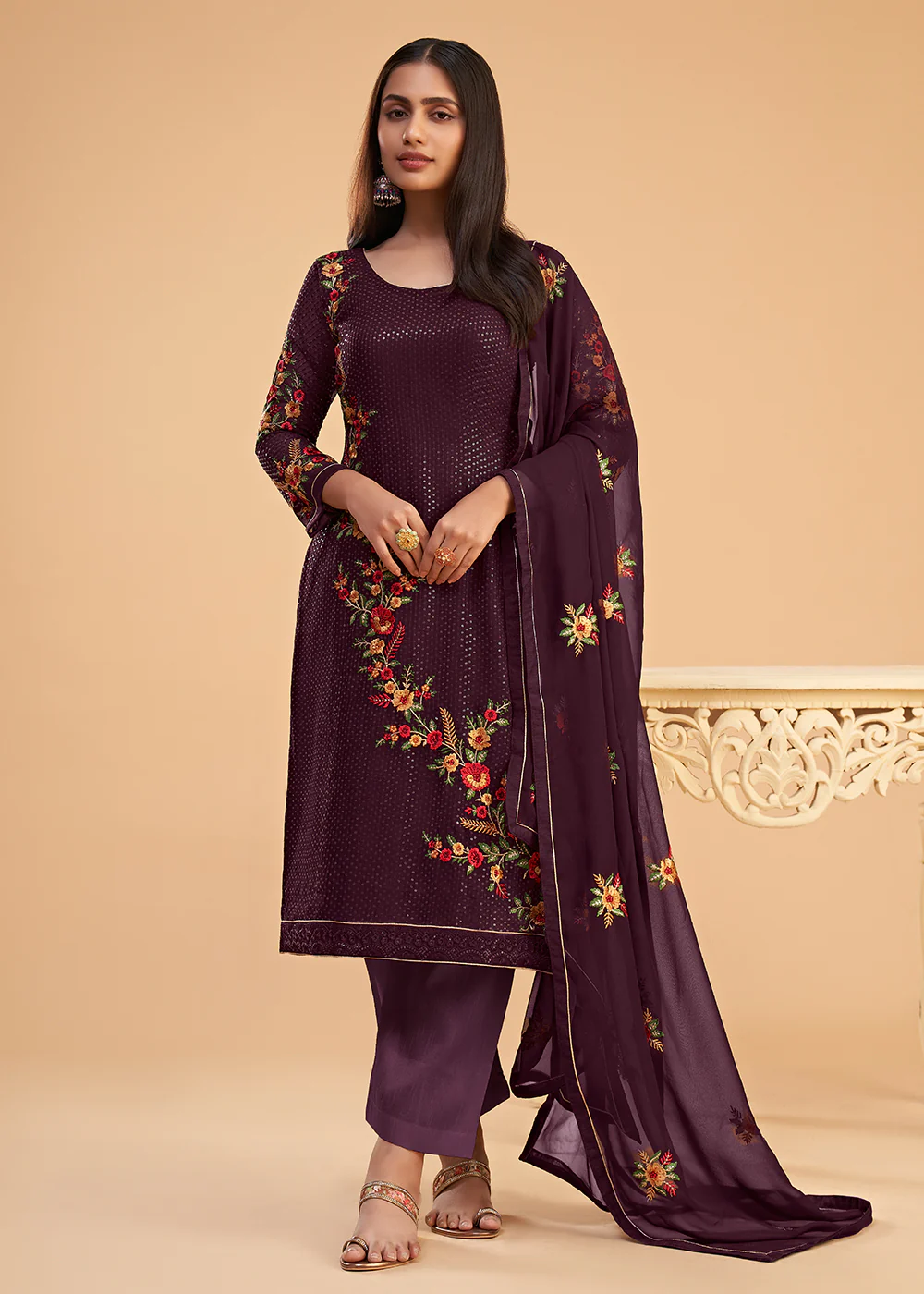 Floral Embroidered Wine Indian Wedding Wear Salwar Suit - Image 3